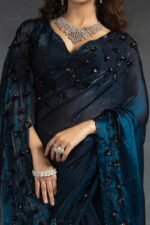 Dark Teal Satin Saree with Stone and Sequin Embellishment - Image 4