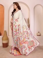 White Silk Blend Saree with Digital Print & Mirror Embellished Border - Image 3