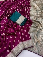 Elegant Magenta Satin Silk Zari Work Saree with Contrast Blouse - Image 3