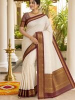 White & Royal Blue Checks With Woven Border Cotton Silk Saree - Image 2