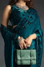 Teal Satin Saree with Stone and Sequin Embellishment - Image 2