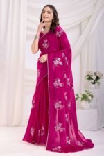 Rani Pink Soft Net Saree With Delicate Floral Embroidery & Shimmering Sequins Work - Image 3