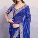 Blue Bandhani Printed Georgette Saree With Embroidered Lace Border - Image 2
