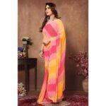 Yellow & Pink Printed Ready To Wear Georgette Saree - Image 2