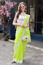 Lime Green Floral Embroidered Georgette Saree