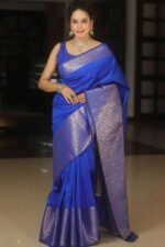 Blue Floral Woven Border Lichi Banarasi Silk Saree - Image 4