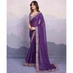 Purple Bandhani Printed Georgette Saree With Embroidered Lace Border - Image 2