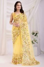 Yellow Floral Embroidered Net Saree - Image 3