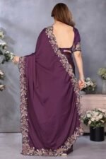 Deep Wine Satin Saree Featuring Floral Embroidery and Elegant Resham Thread Work - Image 4