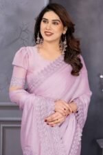 Lilac Purple Silk Blend Saree Adorned with Chemical Lace Edging and Dazzling Stone Accents - Image 5