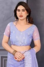 Lavender Net Saree with Solid Pattern and Embroidered Border for a Romantic and Light Occasion Look - Image 5