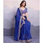 Blue Bandhani Printed Georgette Saree With Embroidered Lace Border - Image 9