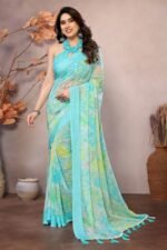 Turquoise Printed Georgette Saree Saree With Tassel - Image 3