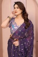 Rich Purple Silk Blend Saree with Intricate Floral Sequins Embroidery – A Glamorous Statement Piece - Image 5