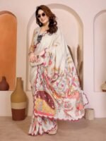 White Silk Blend Saree with Digital Print & Mirror Embellished Border - Image 4