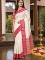 White & Royal Blue Checks With Woven Border Cotton Silk Saree - Image 3