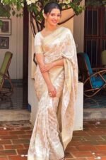 White Floral Woven Lichi Banarasi Silk Saree - Image 3