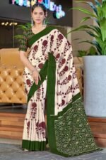 Cream & Maroon Abstract Printed Soft Pure Cotton Saree - Image 4