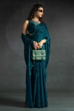 Teal Satin Saree with Stone and Sequin Embellishment - Image 3