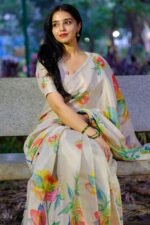 Beige Art Silk Saree Featuring Graceful Floral Motifs - Image 4