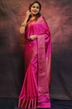 Pink Floral Woven Lichi Banarasi Silk Saree - Image 3