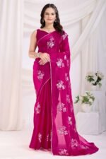 Rani Pink Soft Net Saree With Delicate Floral Embroidery & Shimmering Sequins Work - Image 4