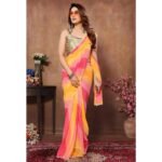 Yellow & Pink Printed Ready To Wear Georgette Saree - Image 3