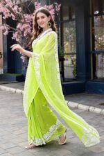 Lime Green Floral Embroidered Georgette Saree - Image 2
