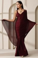 Elegant Maroon Solid Silk Blend Saree Crafted for Glamorous Party Wear - Image 3