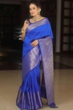 Blue Floral Woven Border Lichi Banarasi Silk Saree - Image 5