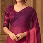 Pink & Magenta Floral Sequins Embroidered Chiffon Saree - Image 3