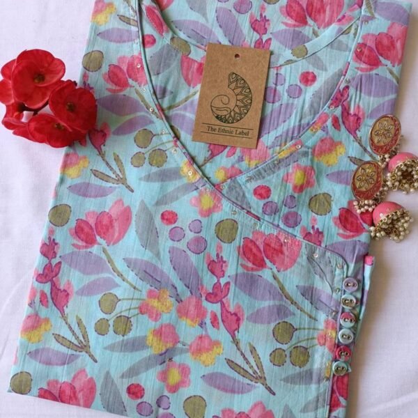 Blue Pink Jaal Angrakha Cotton Kurta - S