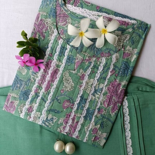 Sea Green Flaura Laced Kurta Set(2pc) - S