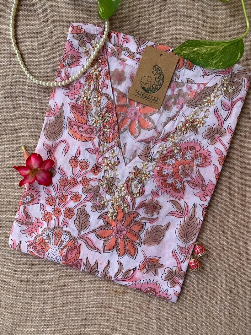 IMG_1767-scaled-1.jpg "Peachy Elegance" Hand Work Embellished Cotton kurta - Image 1