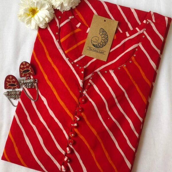 Red Lehriya Buttoned Cotton Kurta-L
