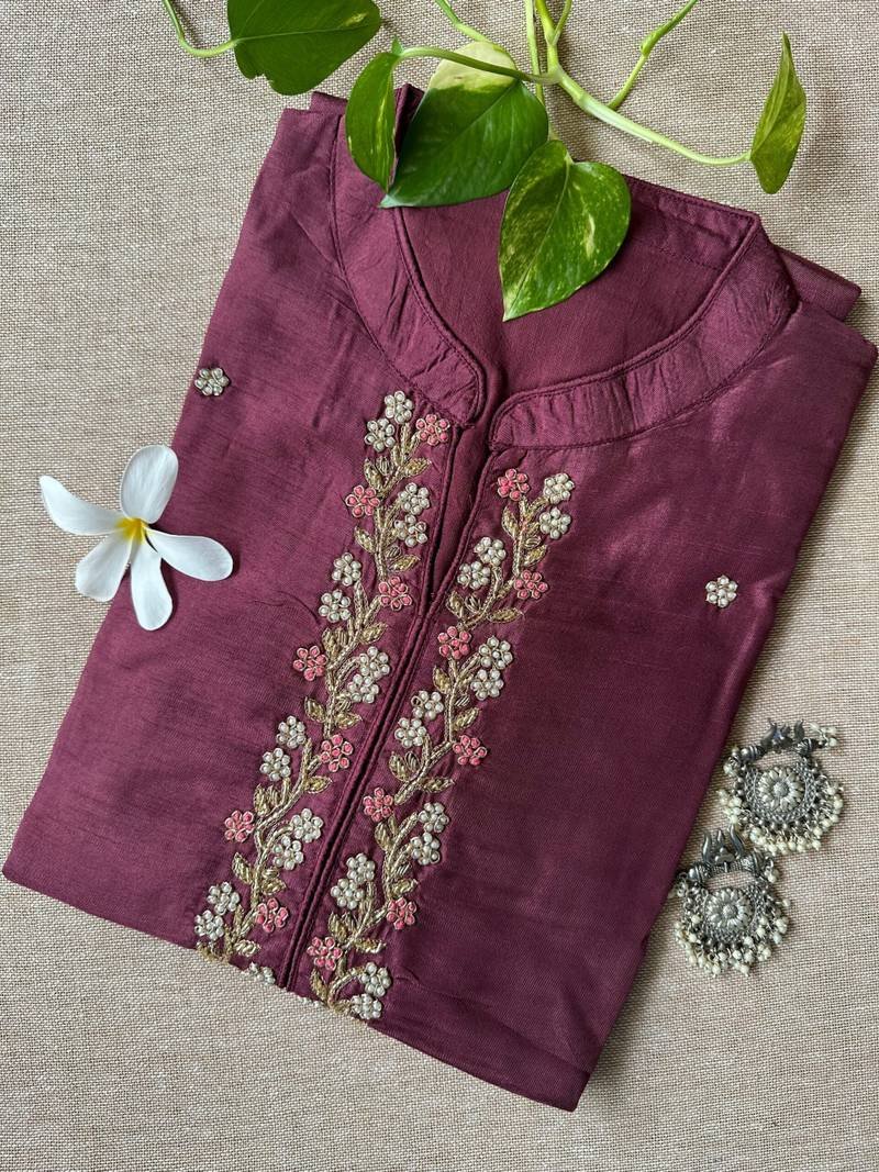 IMG_3024-scaled-1.jpg "Meena" Hand Embroidered Wine Silk Kurta - Image 1