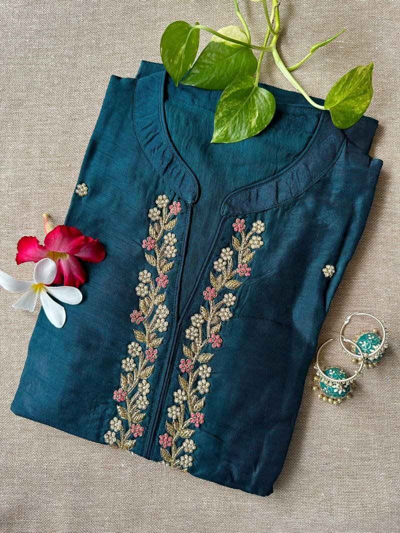 IMG_3048-scaled-1.jpg "Meena" Hand Embroidered Turquoise Silk Kurta - Image 1