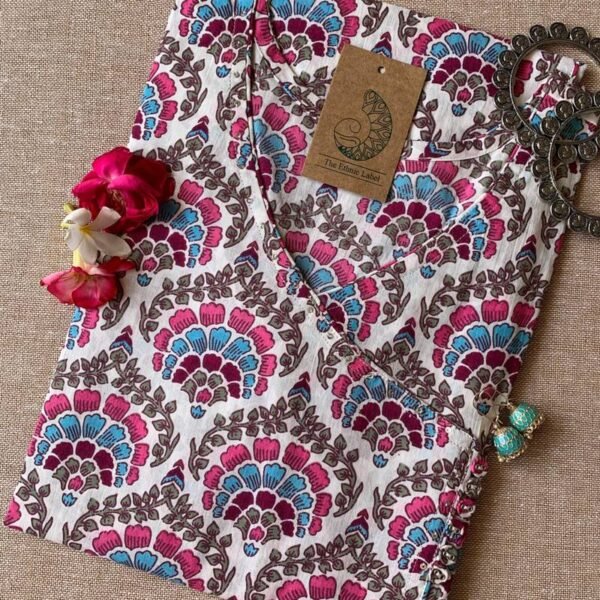 "Orchid" Blue Pink Angrakha Cotton Kurta - M