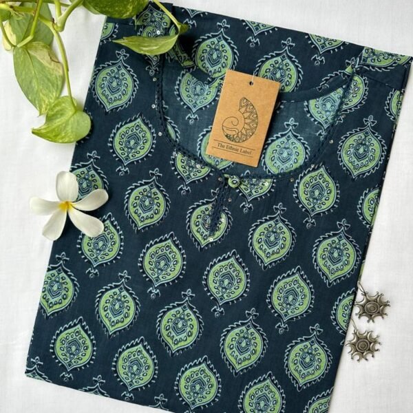 Blue Ajrakh Hand Block Printed laced Cotton kurta - Big Size