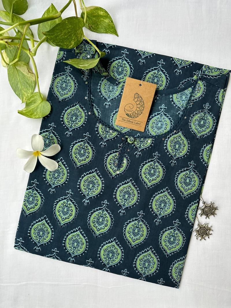 IMG_4793-scaled-1.jpg Blue Ajrakh Hand Block Printed laced Cotton kurta - Big Size - Image 1
