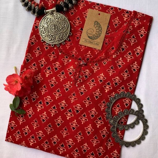 Hand Block Printed Red Ajrakh Boota Cotton Kurta - L