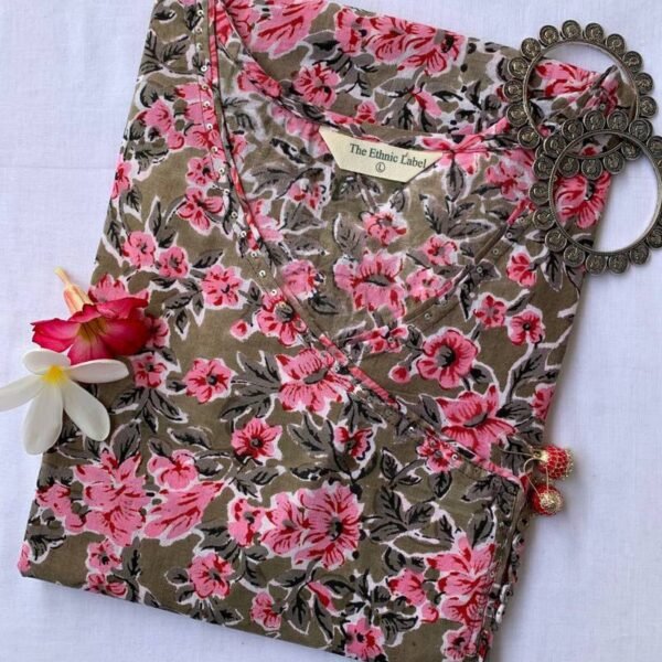 "Carnation" Olive-Pink Cotton Kurta
