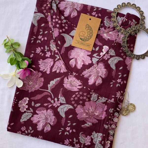 Deep Purple Jaal Sanganeri Angrakha Cotton Kurta
