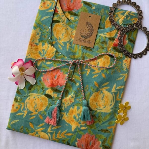 "Daffodils" Sanganer Hand Block Printed Tassel Cotton Kurta