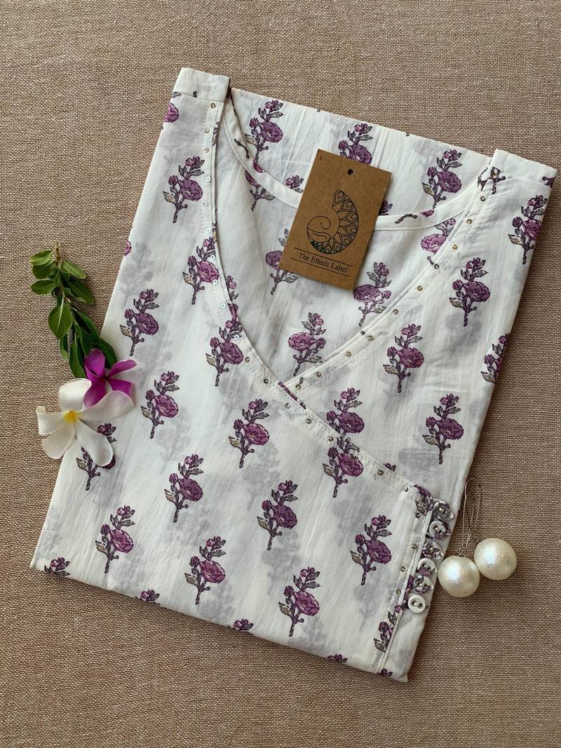 IMG_7042-scaled-1.jpg "Purple Pansy" White Angrakha Cotton Kurta - M - Image 1
