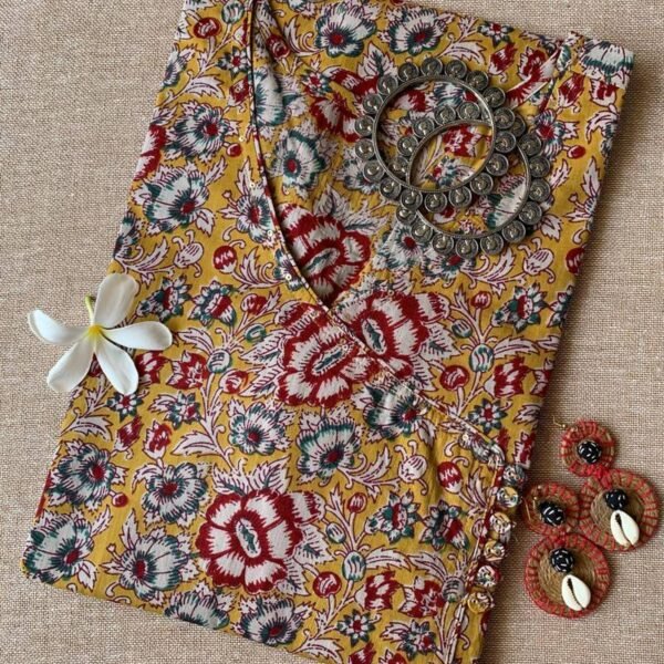 "Bahara" Yellow Angrakha Cotton Kurta(S to 5XL)