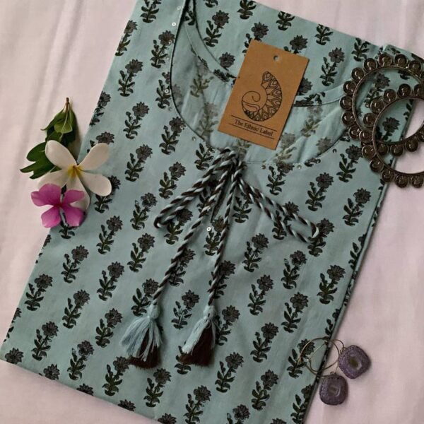 Pastel Blue Boota Tassel Cotton kurta - XL